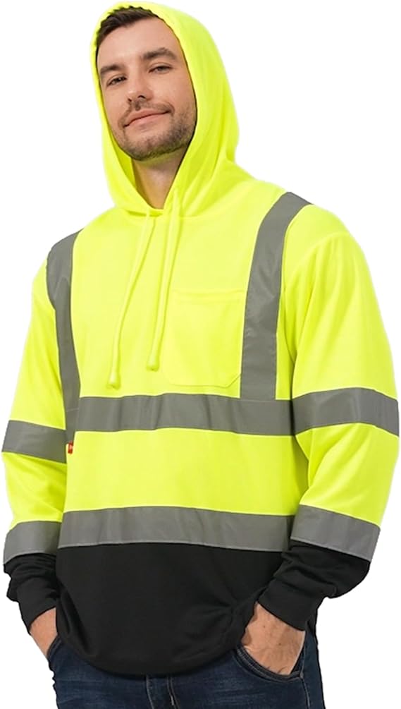 Men's High Visibility Heavy Duty Long Sleeve Reflective Safety Shirts for Men Women, Class 2-3 Type R Hoodie