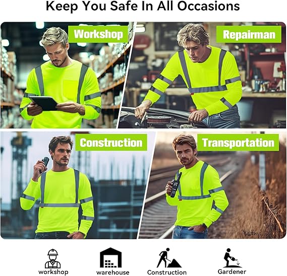 ProtectX Men's High Visibility Heavy Duty Long Sleeve Reflective Safety T-Shirts for Construction, Class 2-3 Type R