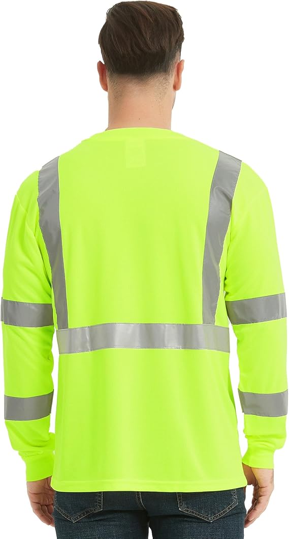 ProtectX Men's High Visibility Heavy Duty Long Sleeve Reflective Safety T-Shirts for Construction, Class 2-3 Type R