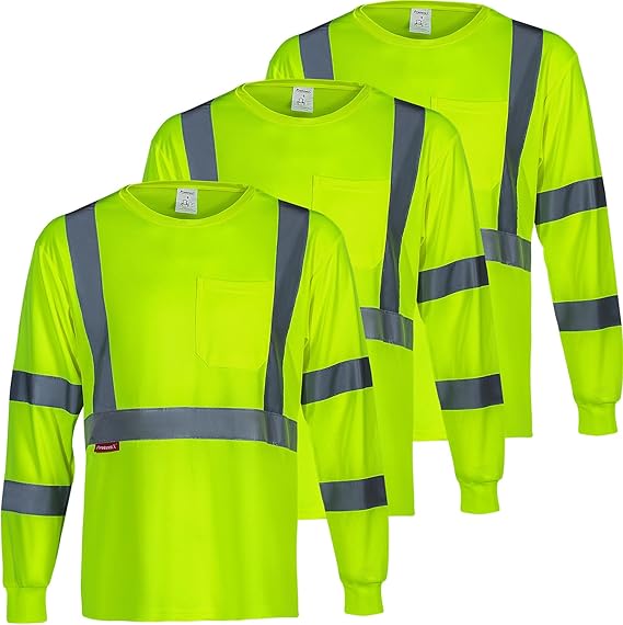 ProtectX Men's High Visibility Heavy Duty Long Sleeve Reflective Safety T-Shirts for Construction, Class 2-3 Type R