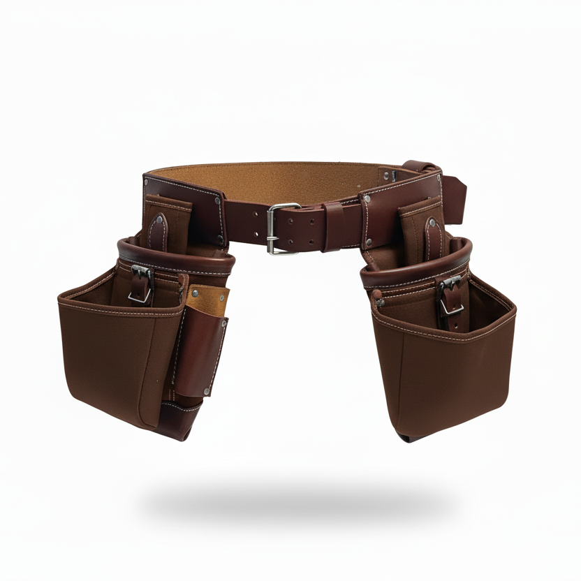 Green tool belt with brown leather straps on a white background